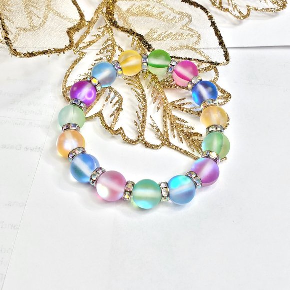 Multi Color Mat Glass Mermaid Beaded Stretch Bracelet - Picture 5 of 10